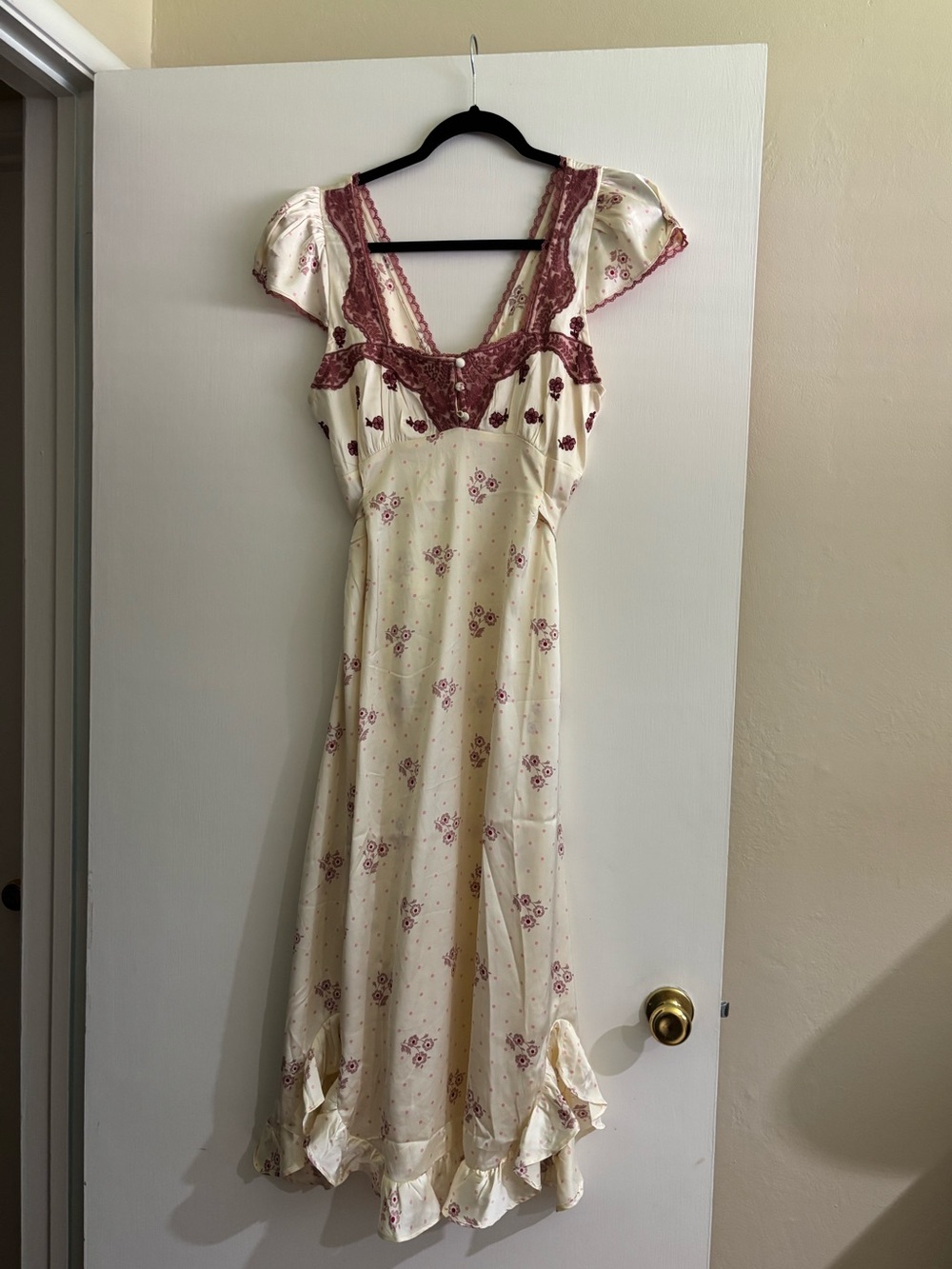 Free People Cream Midi Dress with Dusty Rose Lace Trim